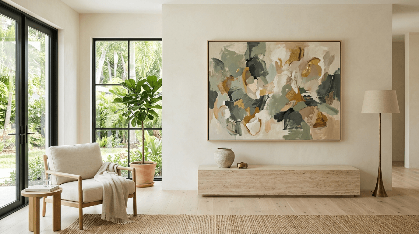 An abstract painting in sage, charcoal and gold hangs above a travertine console in a bright living room with tropical views.