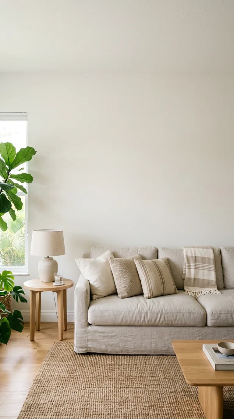 A bright living room with a linen sofa, a fiddle-leaf fig and an empty wall above the sofa. The connection artwork is shown on the wall.