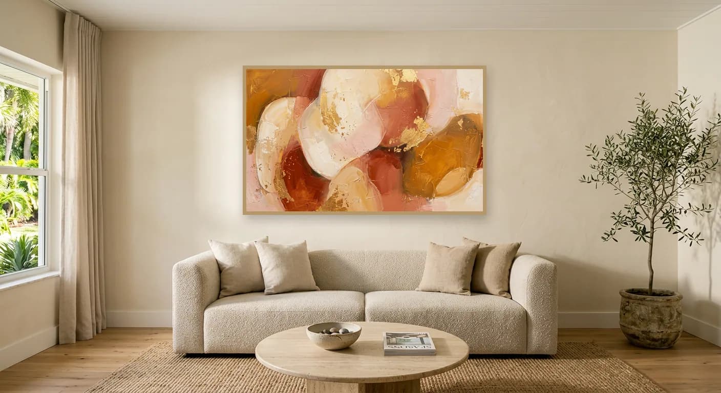 The same living room with a warm abstract painting in ochre, terracotta and gold above the sofa.