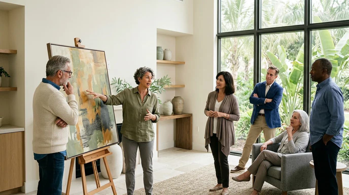 An artist gestures toward details of her abstract painting on an easel while a small group of neighbors listens and responds in a bright living room with tropical views.