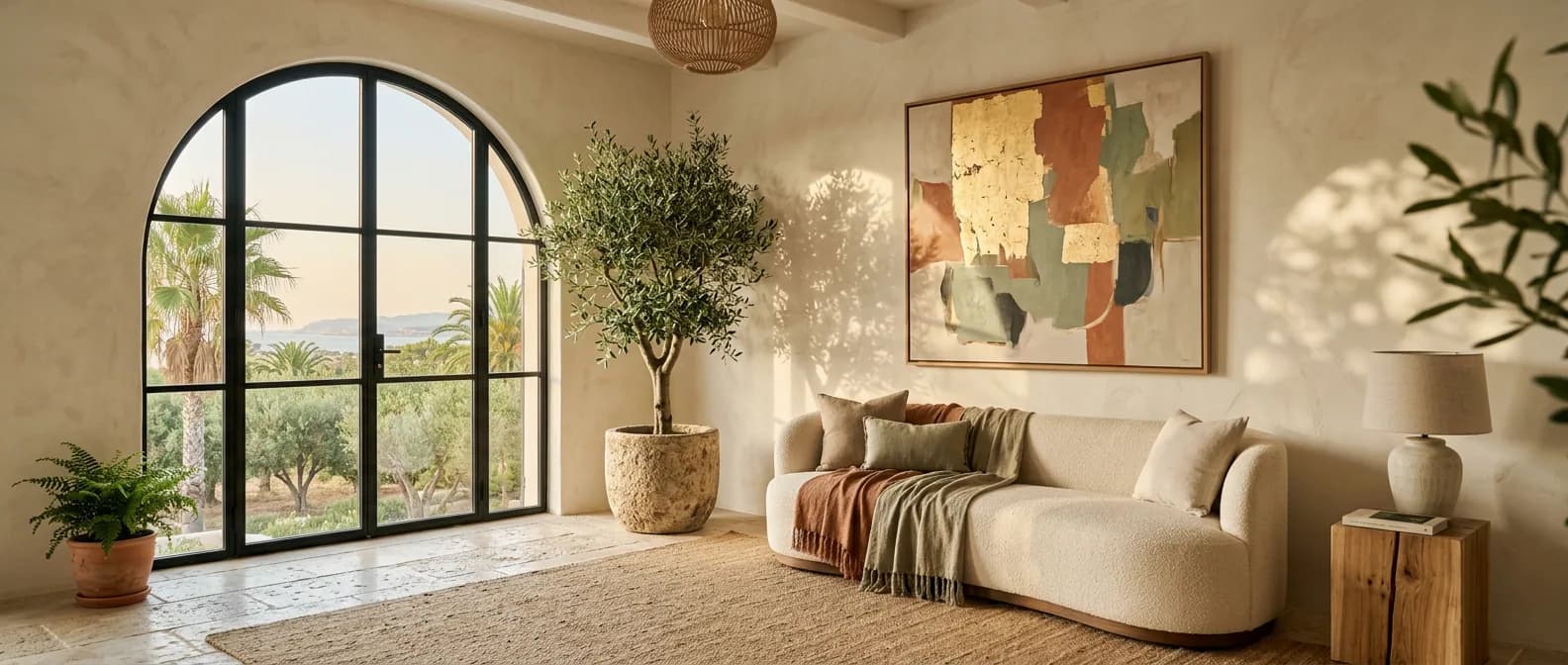 A large abstract painting in gold leaf, terracotta and sage hangs above a cream sofa in a sunlit room with an arched window, an olive tree and a view of the sea.